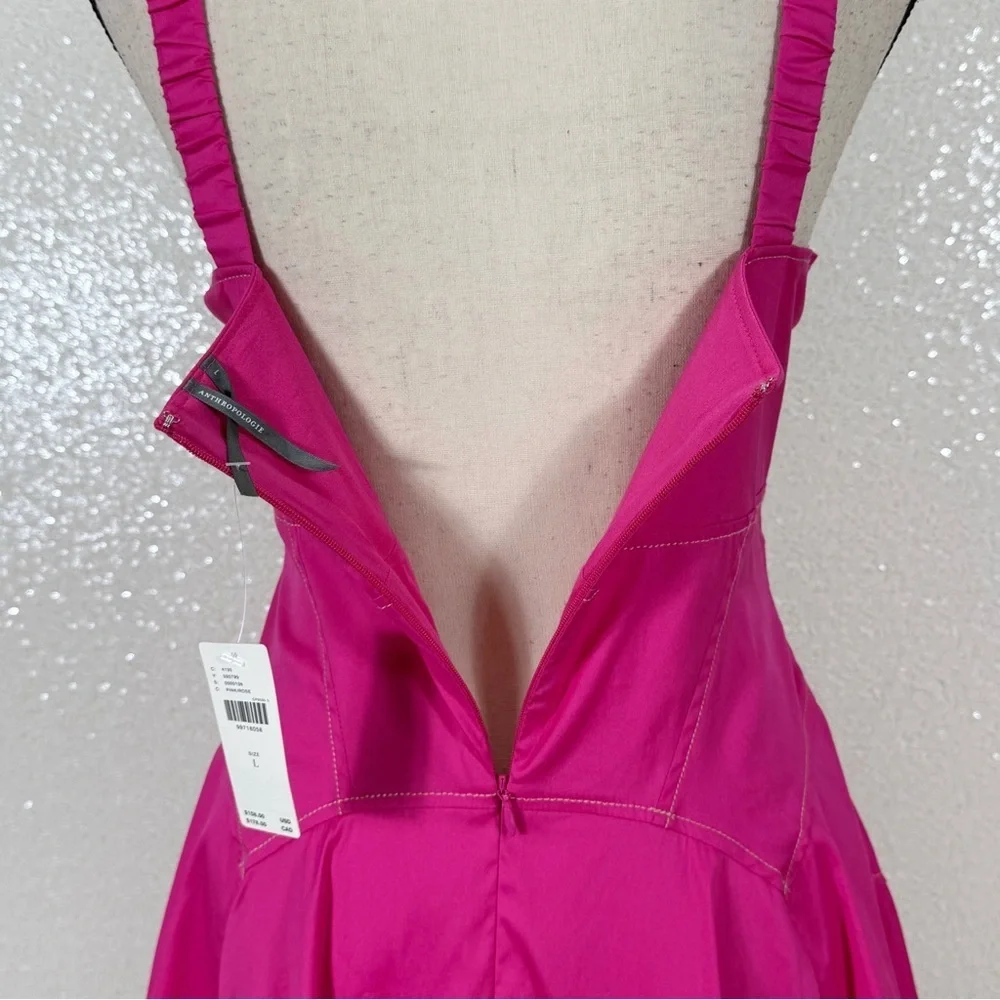 Anthropologie Pink Fit & Flare Mini Dress Size L Ruched Strap Back Zip NWT - Picture 6 of 11